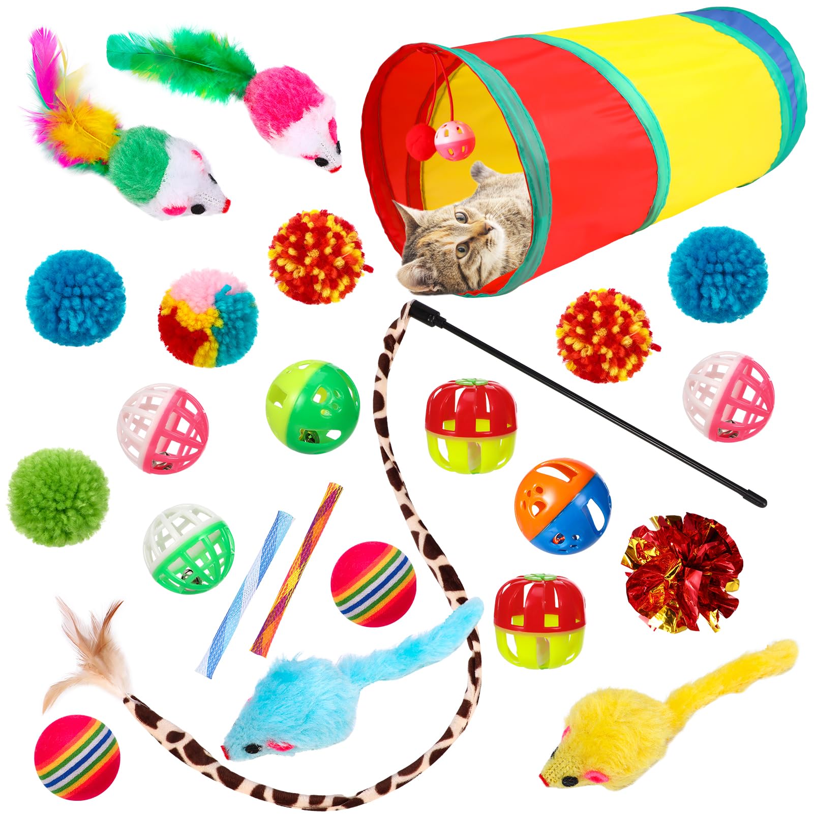 GSrenyu 24Pcs Cat Tunnel Toys Indoor, Collapsible Cat Tunnel,Mice,Cats Teaser Wand,Springs Toy,Crinkle Balls,and Bells Balls Interactive Toy for Indoor Cats Kitten- Multicolor