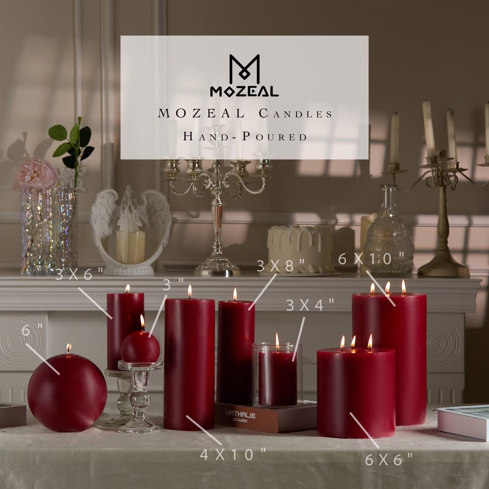MOZEAL Candele rotonde grandi da 15,2 cm, color rosso scuro, eleganti candele rotonde color rosso scuro, antigoccia, inodore, senza fumo, ideali per riunioni intime.