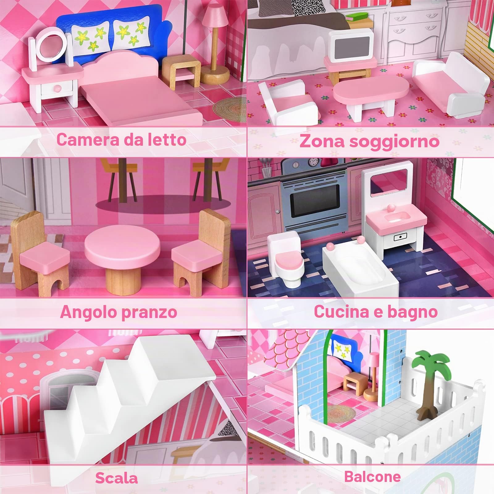 LARS360 LARS-ELC1073 Grande casa delle bambole in legno rosa con mobili e accessori, 3 piani, facile da montare, sicura ed ecologica (100 x 36 x 70 cm)