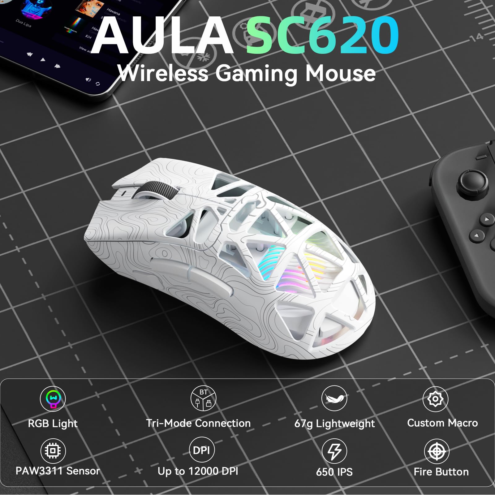 AULA SC620 Kabellose Gaming Maus,BT5.0/2.4G/USB-C,mit PixArt PAW3311-Sensor,12000DPI,8KHz,Feuertaste,7 Programmierbare Tasten,67g Leichtgewicht,400-mAh-Akku,RGB Gamer Maus für PC/Mac (Weiß-L) - 2