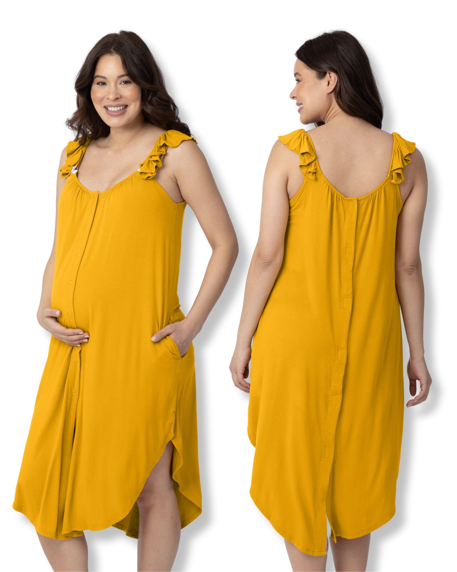 Kindred Bravely Labor and Delivery Gown, 3 in 1 Hospital Gowns for Women Labor Delivery, Ruffle Straps (Honey, X-Small/Small)