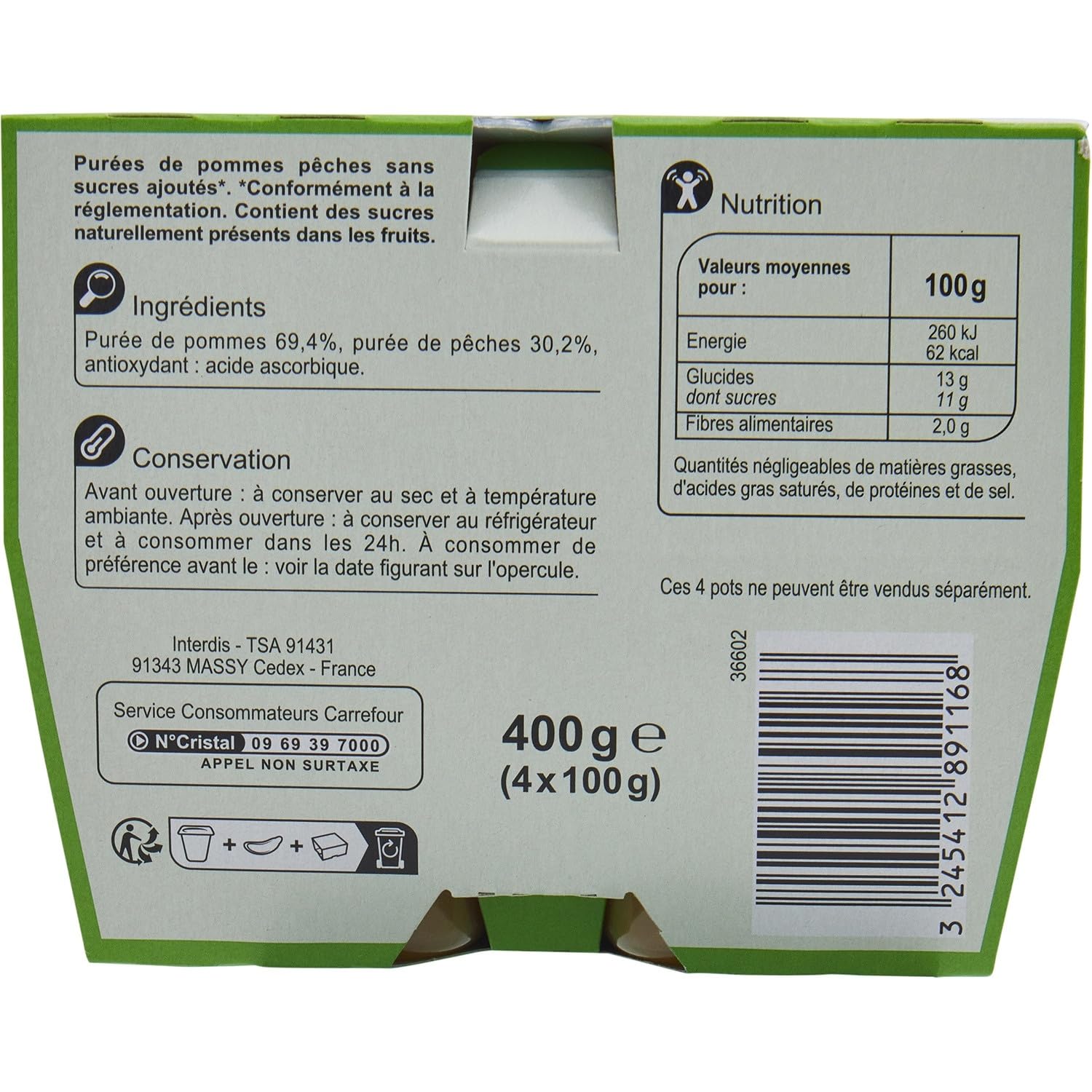 CARREFOUR CLASSIC' - Compote Pomme Pêche sans Sucres Ajoutés - Purées de Pommes et de Pêches - les 4 pots de 100 g - 400g - Le Lot De 4