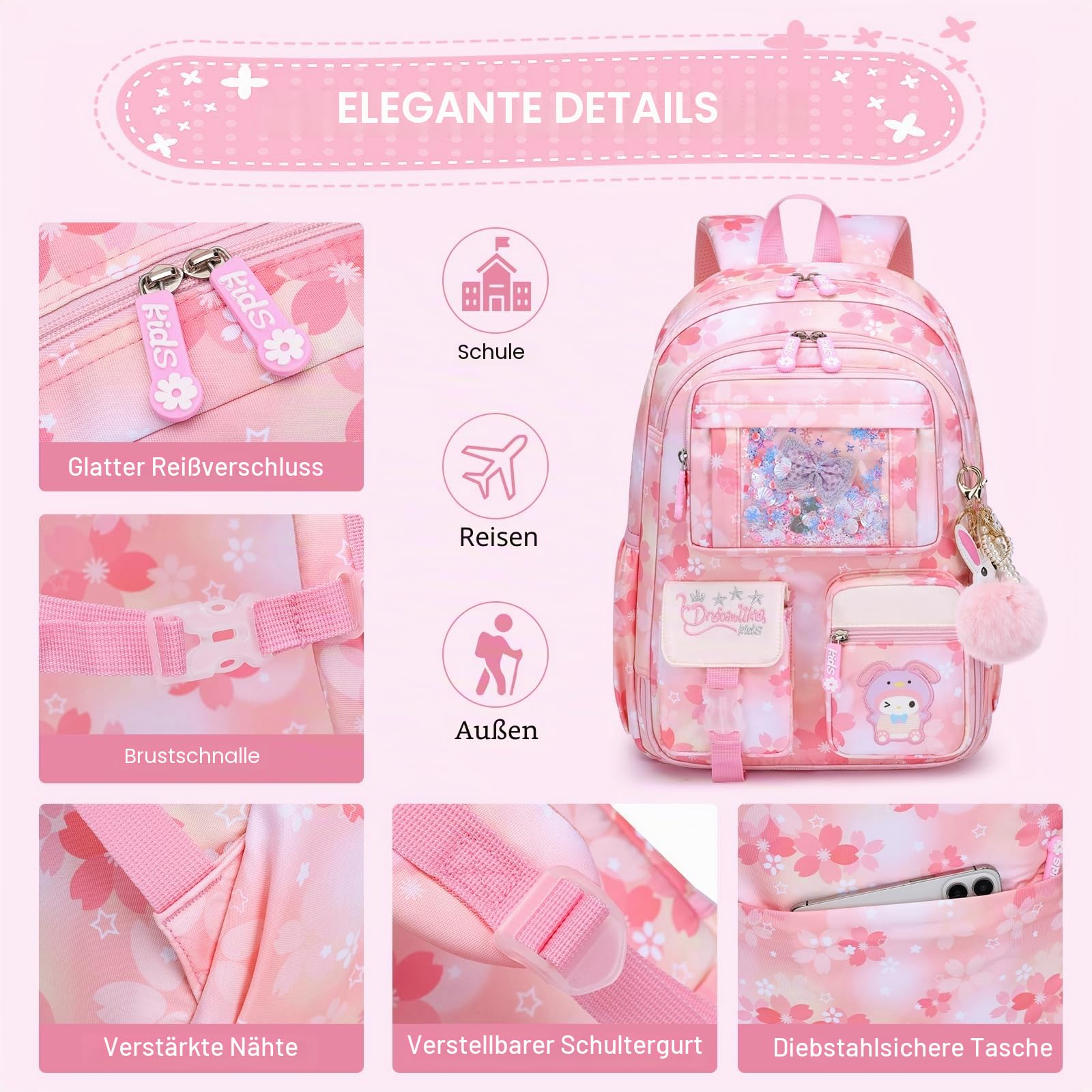 Mädchen Rucksack, Lagre Capacity Rucksack für die Schule, mit Laptopfach, Mädchen-Rucksäcke für Grundschule (Kinder-rucksack + Isolierte Lunchtasche + Federmäppchen, Rosa)