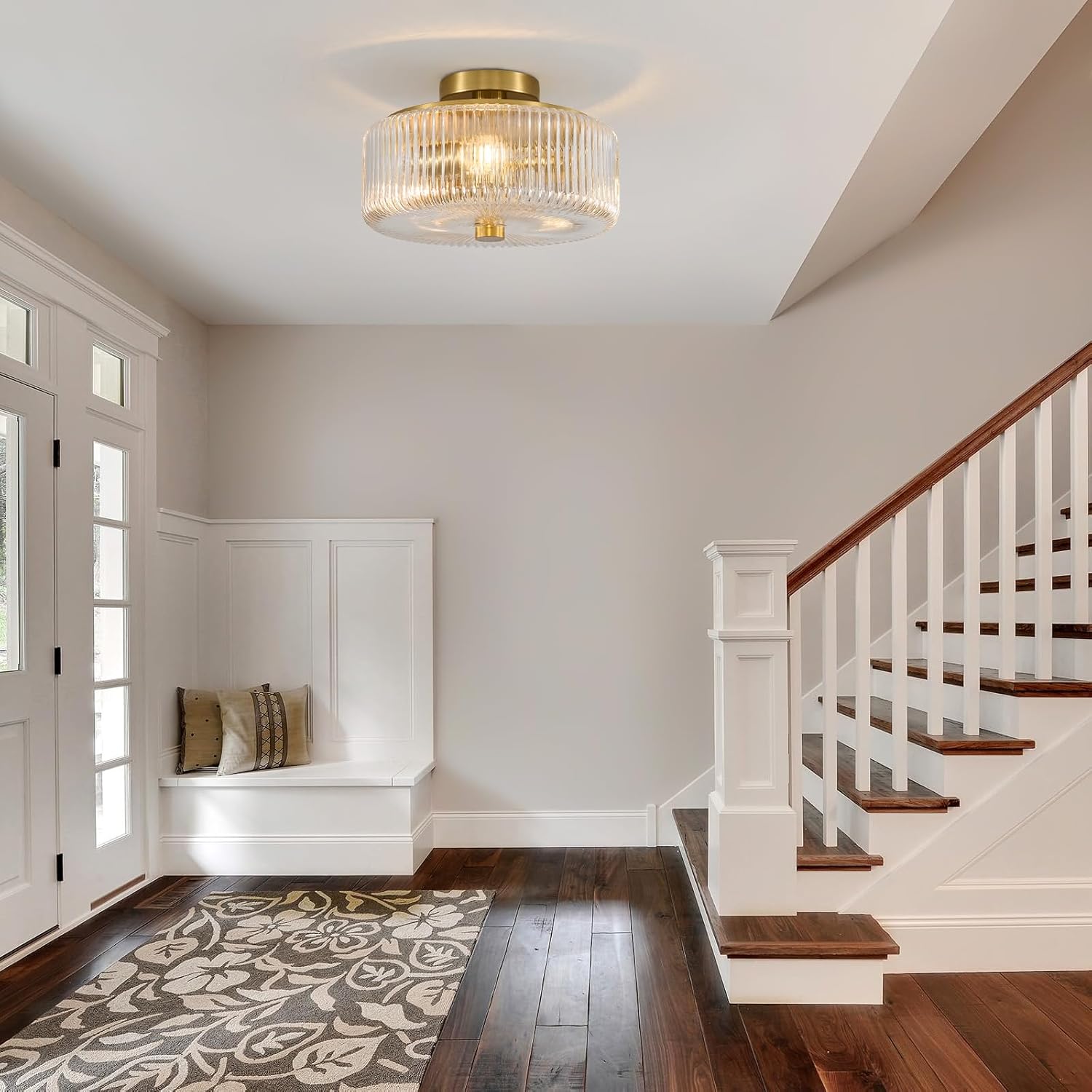 Semi Flush Mount Ceiling Light: 3 Lights 12" Drum Ribbed Glass Chandelier - Mid Century Modern Ceiling Light Fixture - Gold Farmhouse Lighting For Entryway Kitchen Bedroom Bathroom Living Dining Room