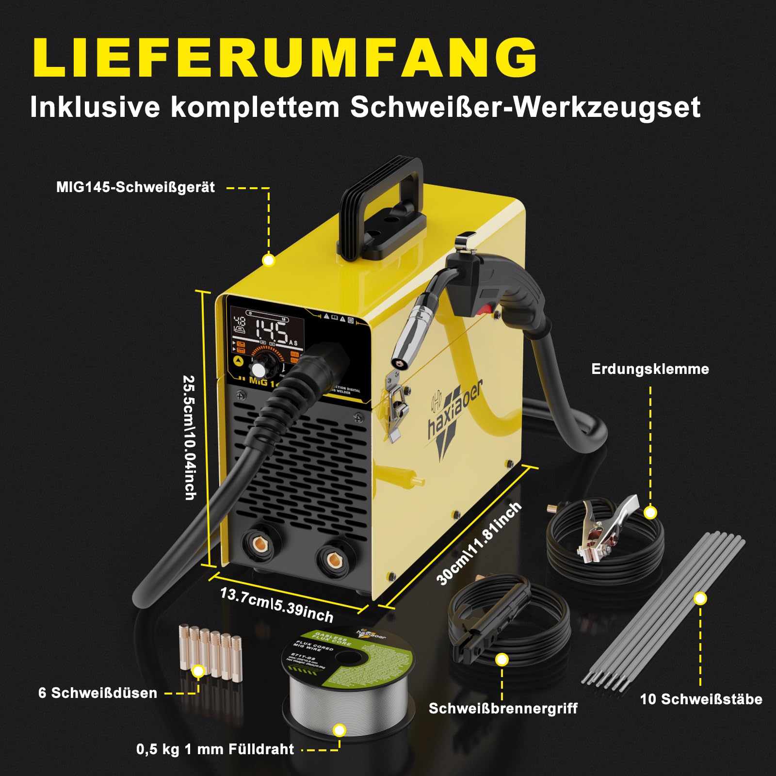 Haxiaoer 145A 3-In-1 Fülldraht Schweißgerät Ohne Gas,LED Licht | 3-In-1, ARC/Flux MIG/MMA Lift WIG - Funktion,Kompakt Inverter Schweißgerät,Synergischer Drahtvorschub