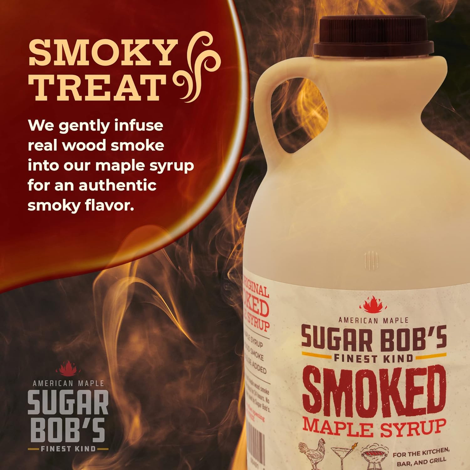 Sugar Bob's Finest Kind - Smoked Maple Syrup - Glaze, Marinade, Cocktail Mixer, 32 fl oz - Made in Vermont