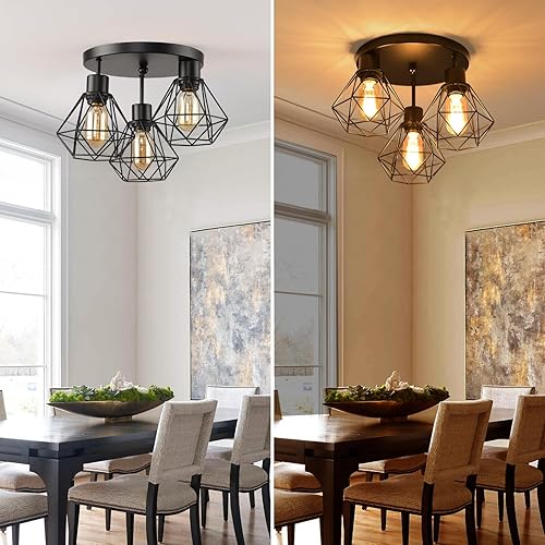 Miniatura 4 de Lámpara de techo industrial de 3 luces, lámpara de techo de jaula de hierro, 3 lámparas cerca del techo, lámpara moderna para dormitorio, entrada,