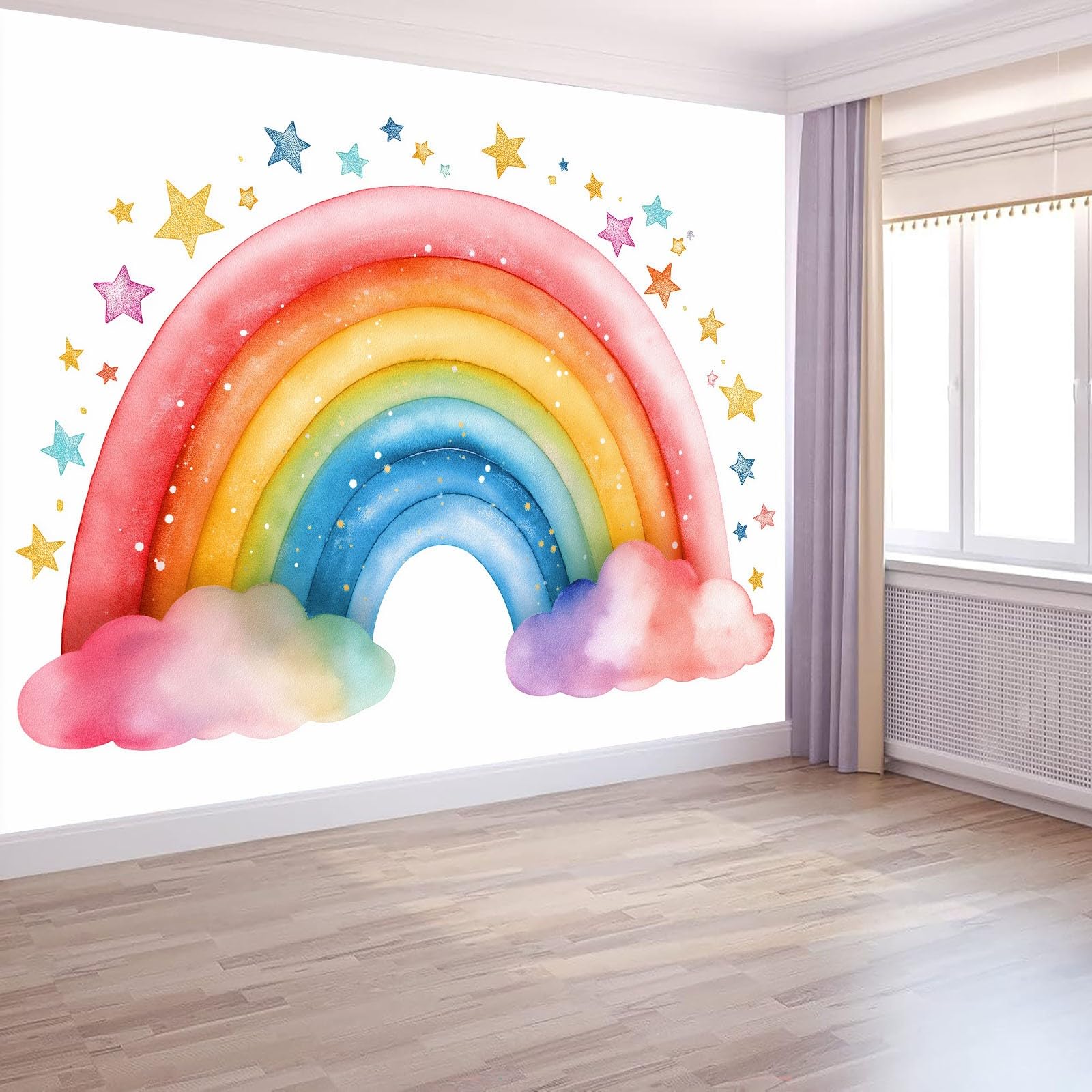 Panoramiczna tapeta 3D bajkowa tęcza gwiazdy różowe chmury 350 x 256 cm, tapeta z włókniny - fresk ścienny do salonu, sypialni i biura, dekoracja ścienna druk HD