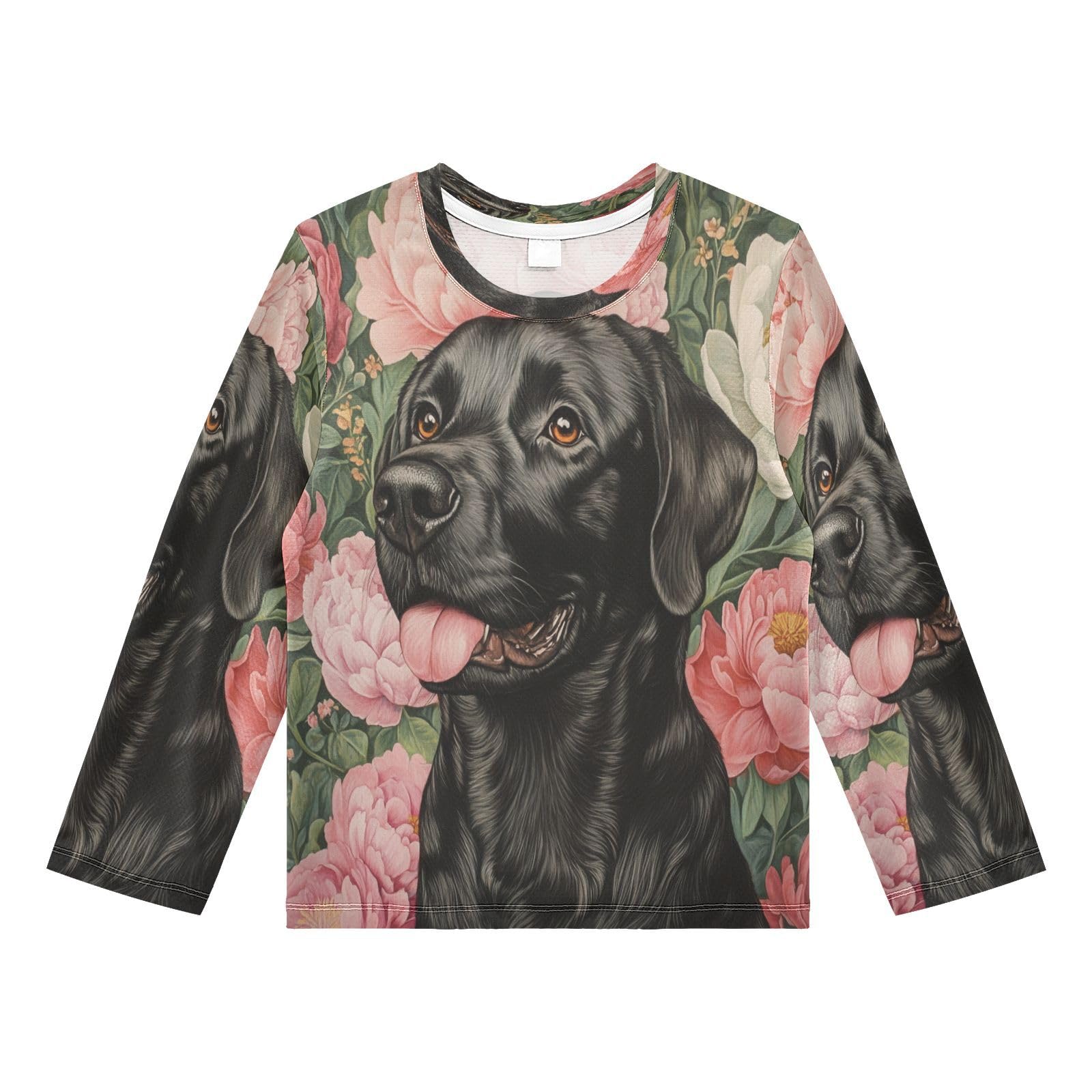 DOMIKING Black Labrador Peony Boys Long Sleeve Rashguard Shirt Kids Quick Dry Swim Shirt for Toddler Kid 11-12T