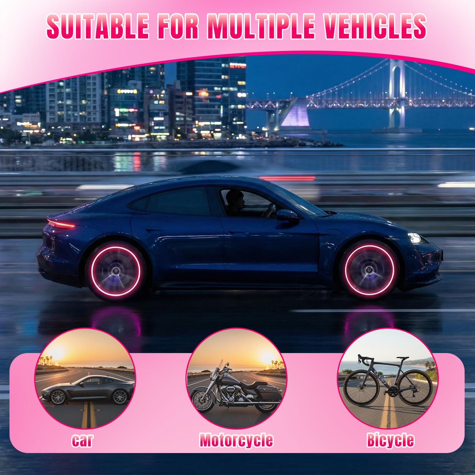 12 Piezas Tapas de Válvulas Luminosas para Coche, Tapones Rueda Coche Fluorescente, Tapones Fluorescentes para Neumáticos, Tapas Luminosas Accesorio Universal para Aire Coche Bicicleta Moto (Rosa) — view 6