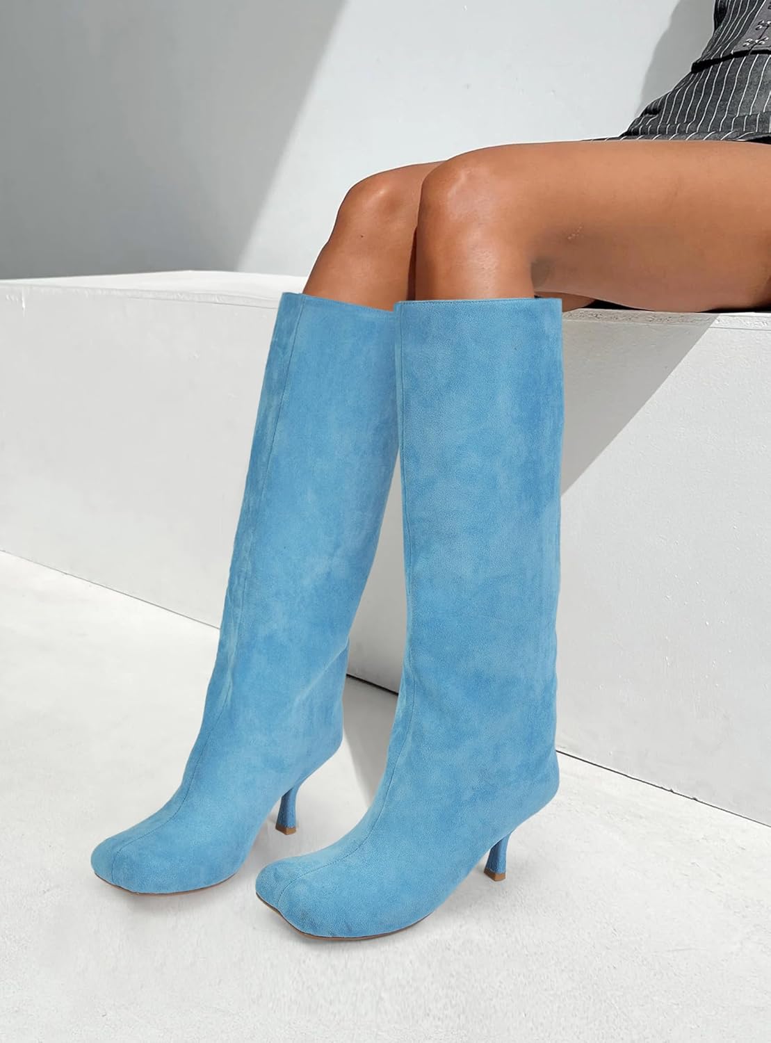 Knee High Boots for Women Faux Suede Wide Calf Square Toe Tall Stiletto Kitten High Heels Thigh Long Fall Boot Pull on Fashion Casual Cute Y2K - Image 2