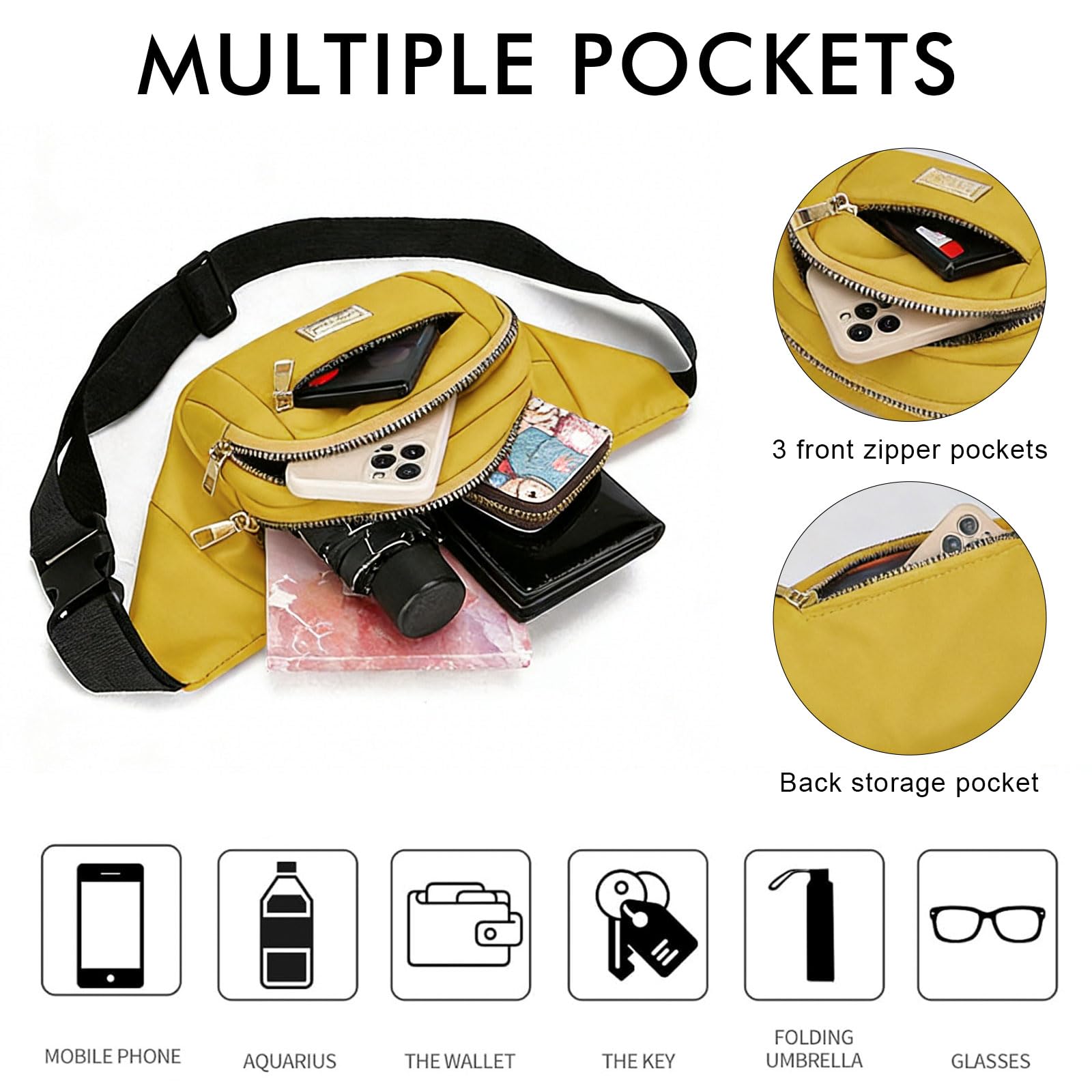 ADUDVLO Bumbags for Ladies Women Men Lightweight Adjustable Bum Bag Fanny Pack with 4 Zipper Pockets,Fashionable Waist Pack for Travel, Running, Hiking, Cycling (Black) — view 46