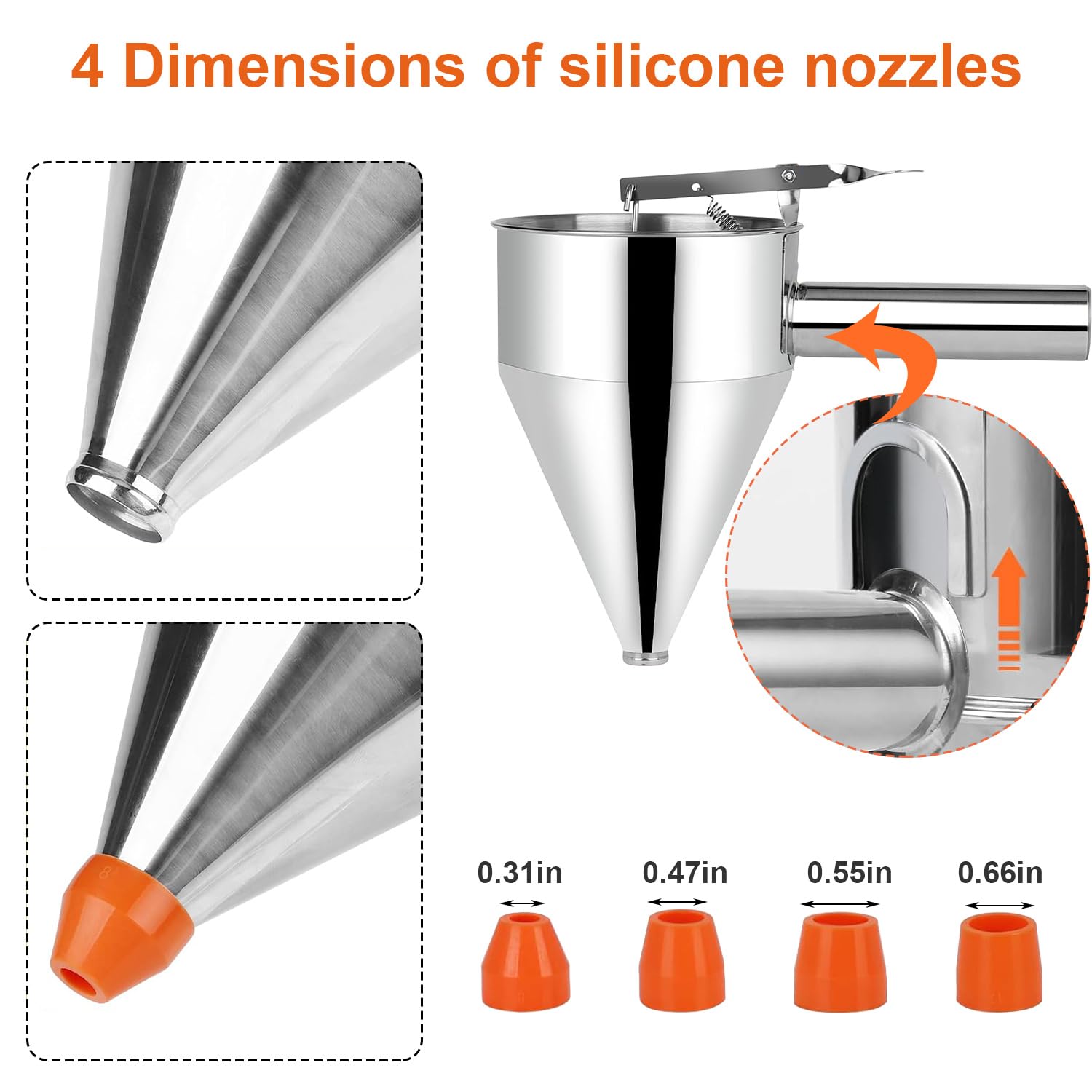 Dispenser per Pasta, Dispenser per Pasta per Pancake in Acciaio Inossidabile, Dispenser per Pasta, porzionatore per Pasta, Apertura di dosaggio in Acciaio Inossidabile da 1200 ml e 4X imbuti