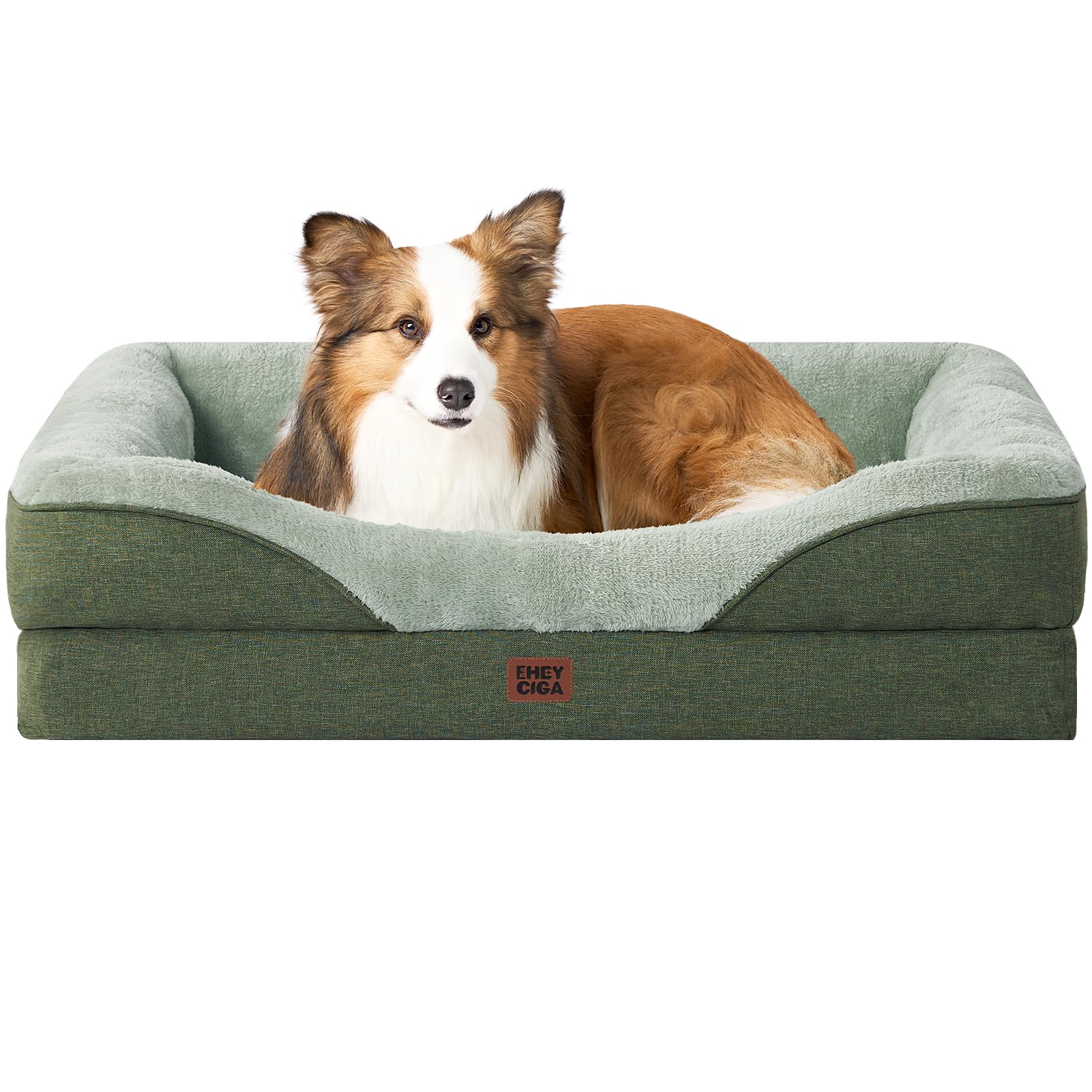 EHEYCIGA Memory Foam Cuccia Cane Interno Taglia Grande, Impermeabile Divano per Cani Sfoderabile e Lavabile, Letto per Cani con 4 Bordi Rialzati, Verde, 91x68x17.5cm