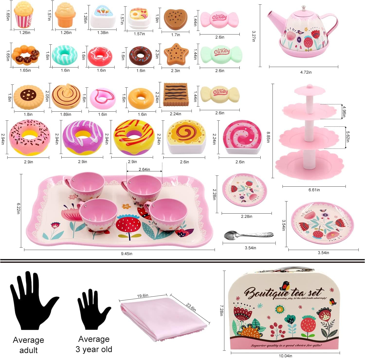 44PCS Tea Set for Little Girls, Princess Tea Time Toys Playset- Teapot Dishes Dessert Carrying Case, Kitchen Pretend Play Tin Tea Party Set Gifts for Kids Toddlers Toy (Flower Desgin)