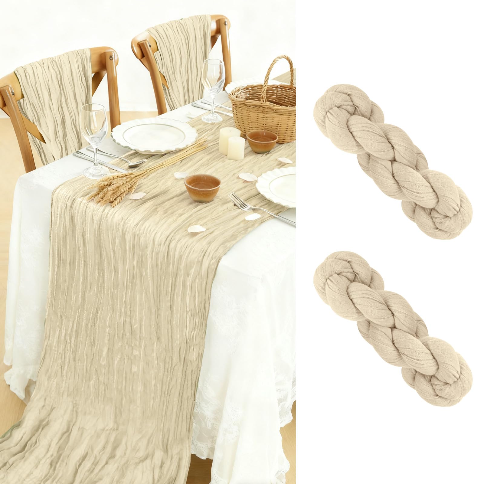 BOUBONI 2 Pack Cheesecloth Table Runner 90x300cm Boho Gauze Table Cloth for Birthday Party Wedding Baby Shower Decoration (Beige)