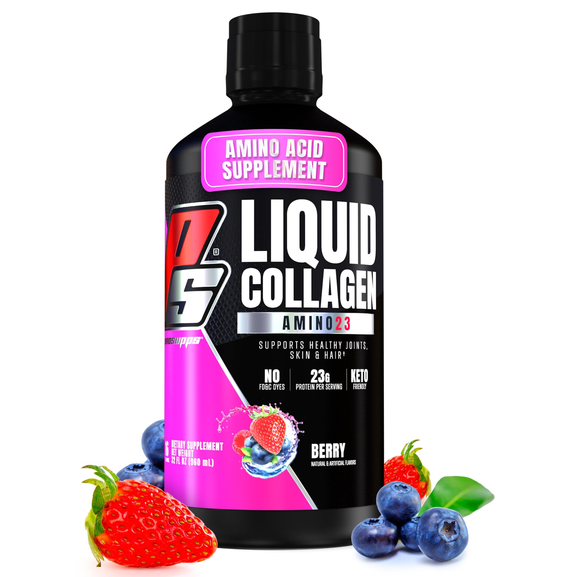 PROSUPPS Amino23 Liquid Collagen Shots, 23g Collagen Protein Promotes Exercise Recovery, Healthy Skin, Hair, Nails & Join Support, Berry