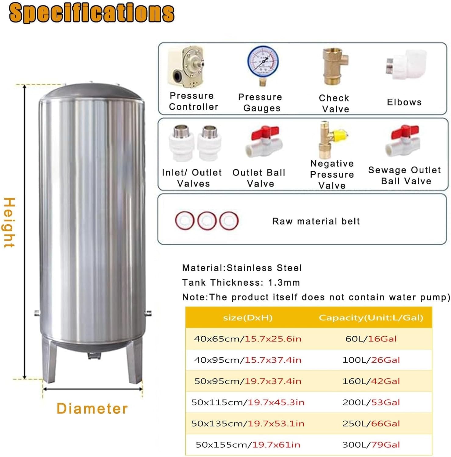 Wassertank Vertikaler Druckbehälter für inländische, 15 25 40 50 Gallonen Edelstahl Druckwassertank mit Montage Kit(60X40cm/23.6x15.7in(60L/15.8Gal))