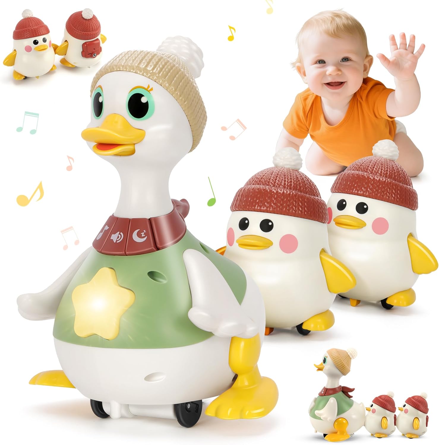 Hestiasko Musical Crawling Duck Toy for Babies 6-36 Months, Light-Up Dancing & Tummy Time Toys Set, Learning Interactive Baby Toys for Toddlers 1-3 Birthday Easter Gifts for Boys Girls Green
