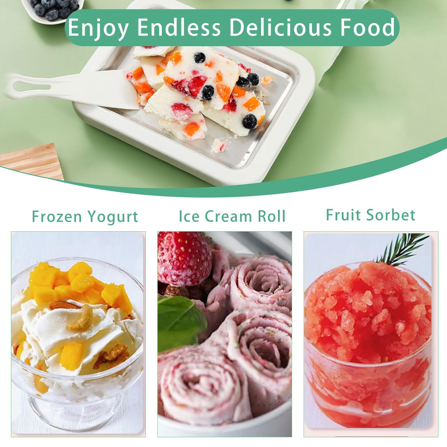 Máquina de rodillos de helado instantáneo con 2 espátulas, máquina de helado enrollada de 26 x 21 cm para sorbete, yogur congelado, helado, helado, máquina casera para hacer yogur congelado para niños