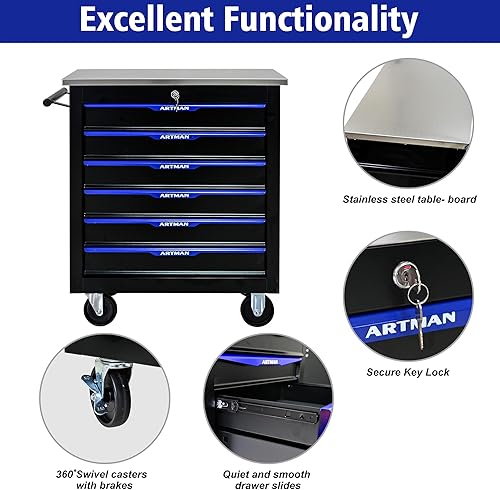 Miniatura 5 de Caja de herramientas con ruedas con 6 cajones, armario multifuncional para herramientas con cerradura, cajones, carrito de herramientas rodante,