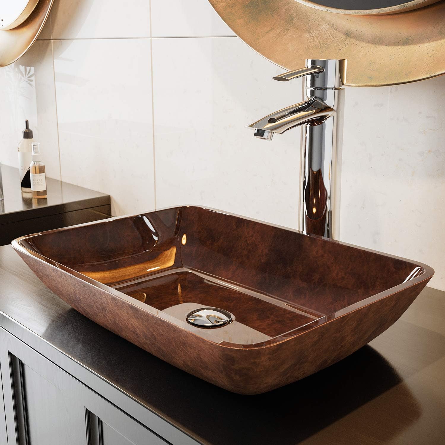 VIGO Donatello 18"L x 13"W x 4"H Over the Counter Glass Rectangular Vessel Bathroom Sink in Reddish Brown -VG07089