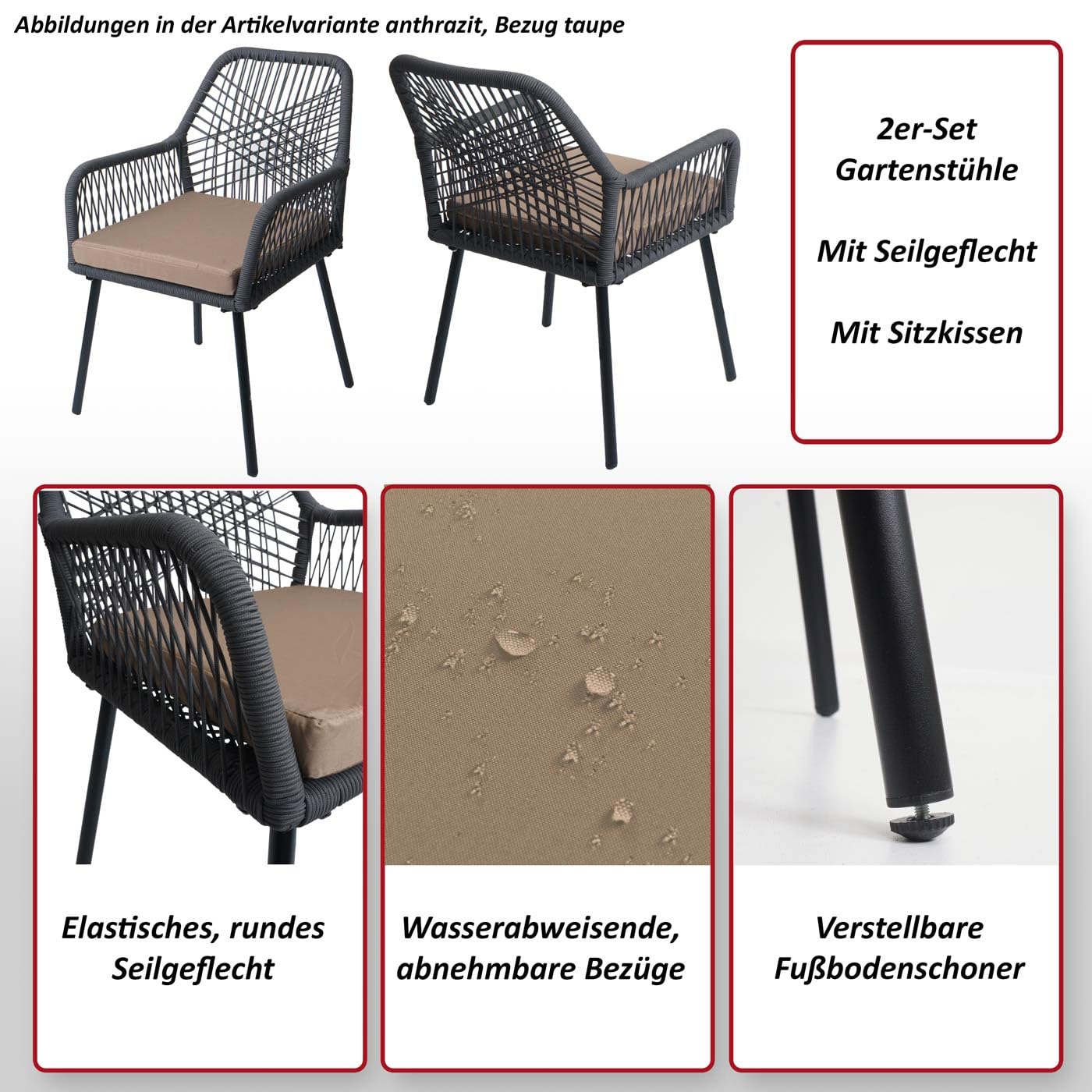Mendler 2er-Set Gartenstuhl HWC-O12, Outdoor Sitzpolster Aluminium Seilgeflecht Rope - anthrazit, Bezug Taupe