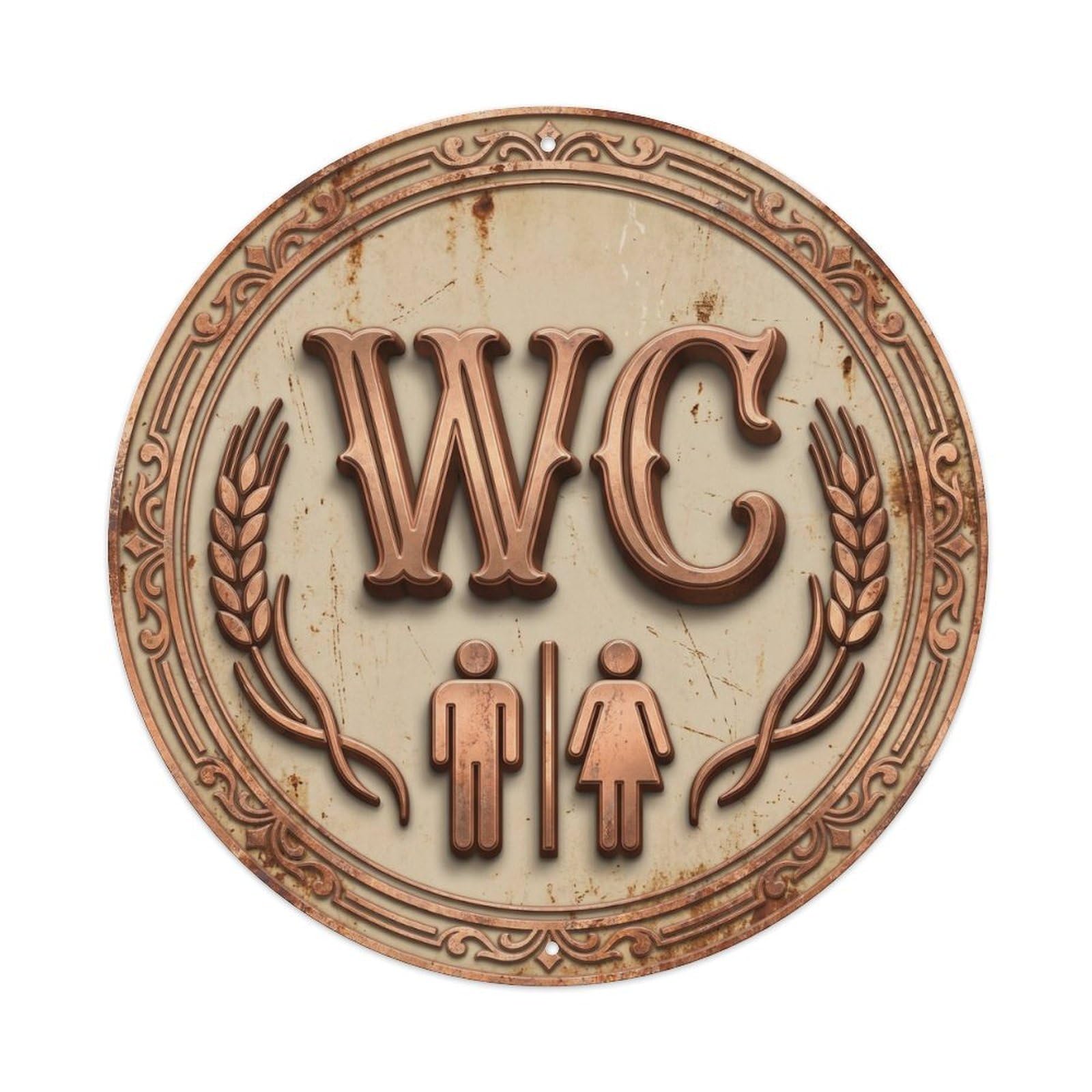 Toilet （WC） Faded Beige Emblem Metal Tin Sign Plaque Wall Decor for Cafe, Club Bar, Office, Home Garden Round Metal Poster 8x8Inch