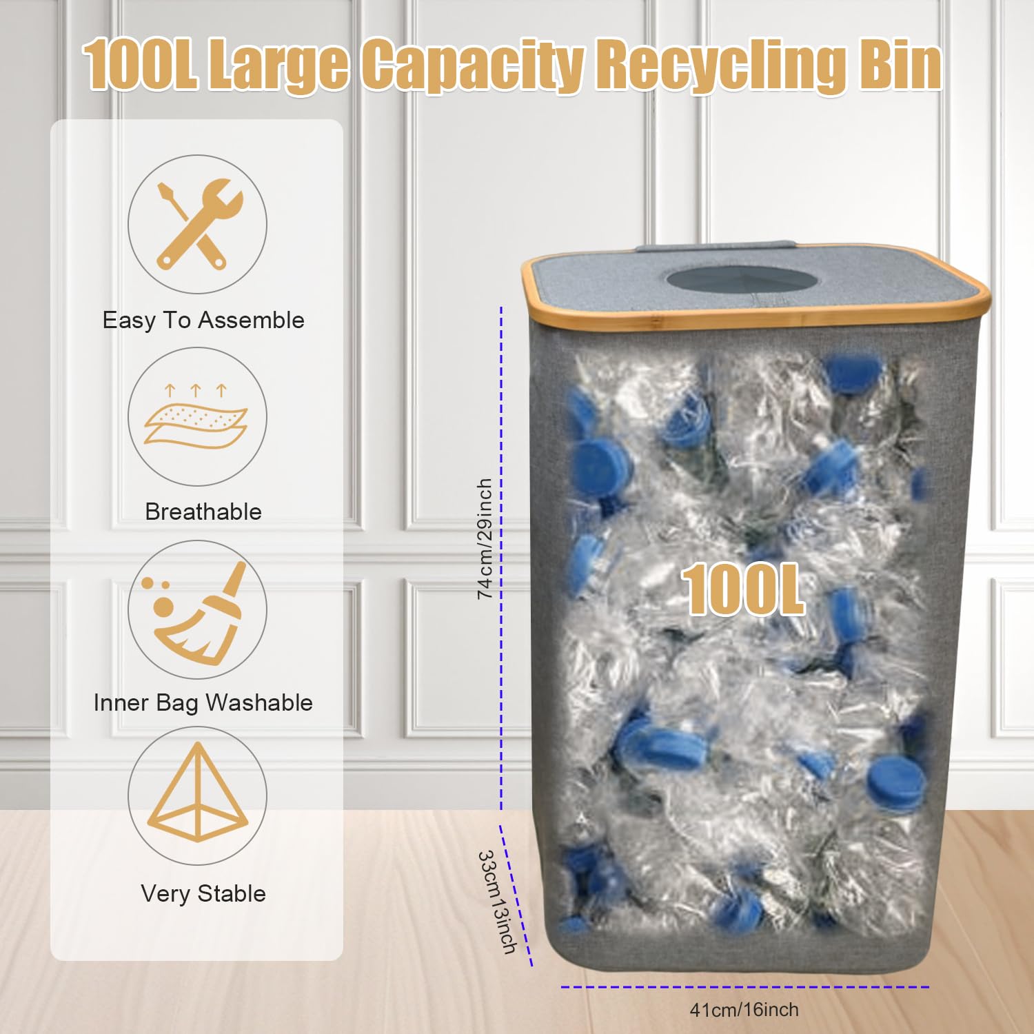 Cubo de reciclaje de cocina de 100 litros con tapa y 1 bolsa interior reutilizable, color gris, ideal para botellas, latas, vidrio, residuos de plástico