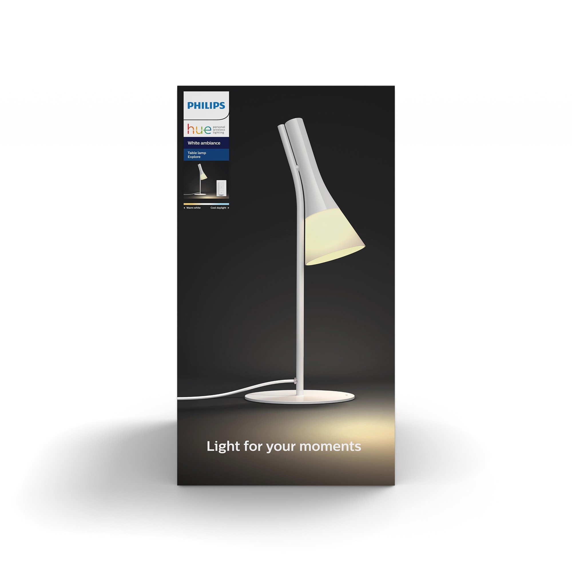 Philips Hue Explore - Lámpara de mesa blanca con mando, luz regulable de blanca cálida a blanca fría, Iluminación inteligente, compatible con Amazon Alexa, Apple HomeKit y Google Assistant
