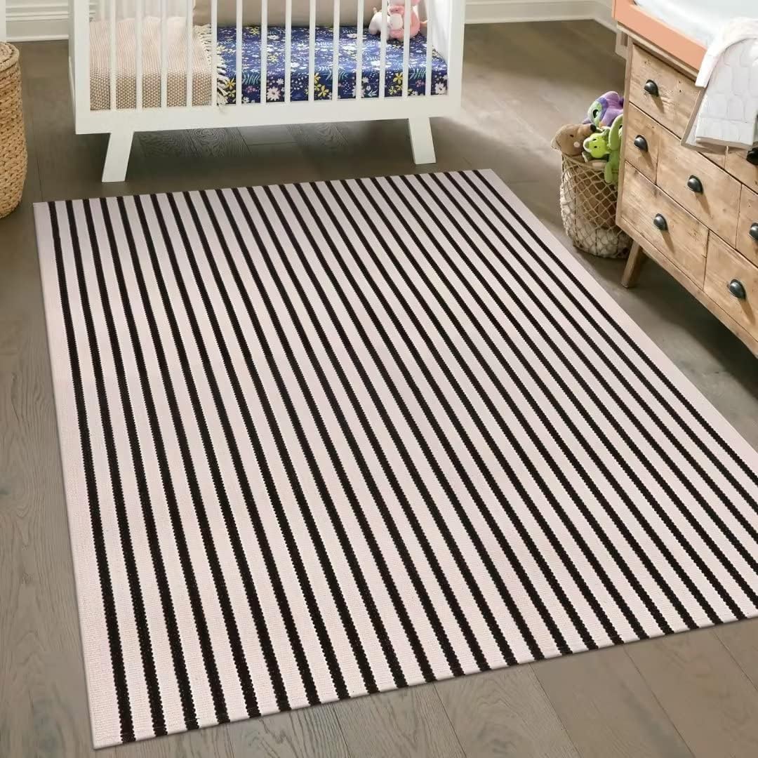 leevan black and white striped patio outdoor rug 5x8, washable living room bedroom area rug, soft cotton blend sturdy carpet for kitchen, dining room, playroom, mudroom, sunroom black and white 5' x 7'10" (rectangular)