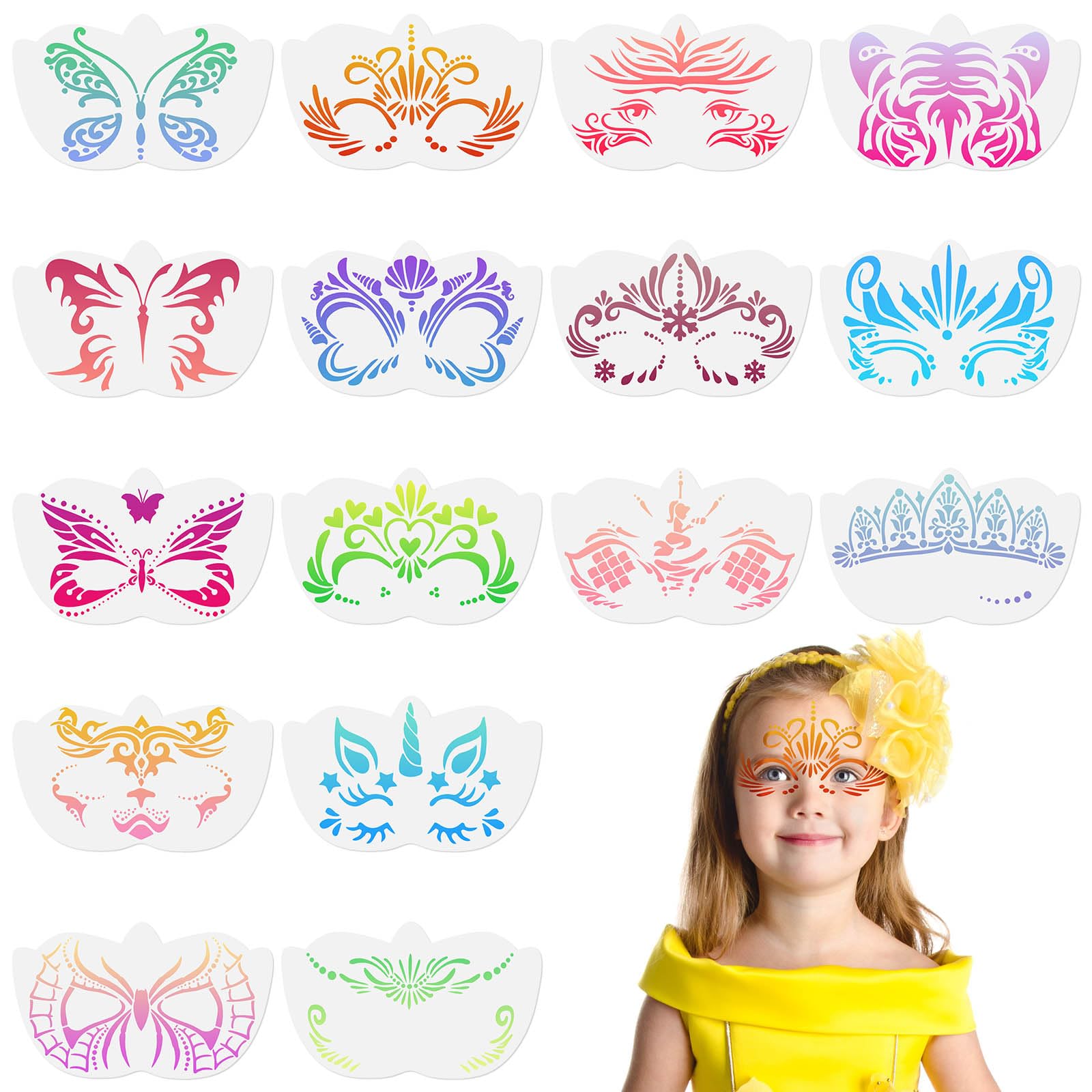 URAQT Tattoo Schablone, 16 Blatt Hohle Kronenform Wiederverwendbare Gesichtsfarbe Schablonen, Tattoo für Gesicht und Körper, für Kinder Erwachsene, Party, Karneval, Weihnachten Halloween (XA67)