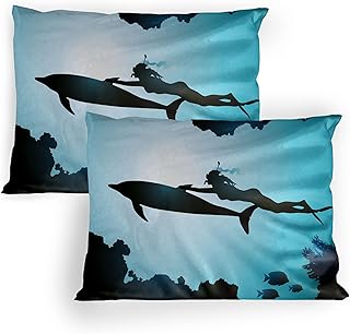 Ambesonne Dolphin Pillow Sham Set of 2, Scuba Diver Girl Swimming Animal Silhouette in Sea Fish Reefs Image Print, Quality Microfiber Bedding Item for All Seasons, 30