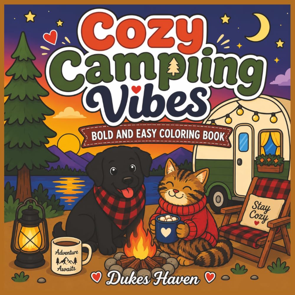 Cozy Camping Vibes: Cute & Relaxing Bold and Easy Camping Scenes Featuring Cozy Campfires, Adorable Animals, Vintage Campers, and Stress-Relieving ... (Cozy Vibes Bold and Easy coloring books)