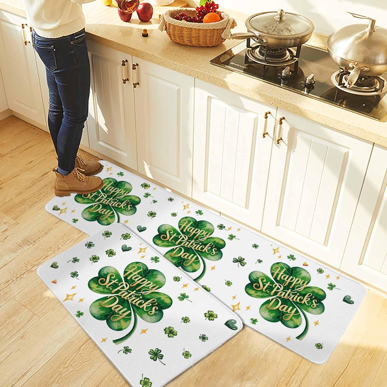 Saint Patrick's Day Kitchen Rugs and Mats Set of 2, Non-Slip Kitchen Sink Mat, Watercolor Shamrock Love Star Lucky Green Washable Doormat Bathroom Rugs Runner for Bedroom 19.7"x31.5"+19.7"x47.2"