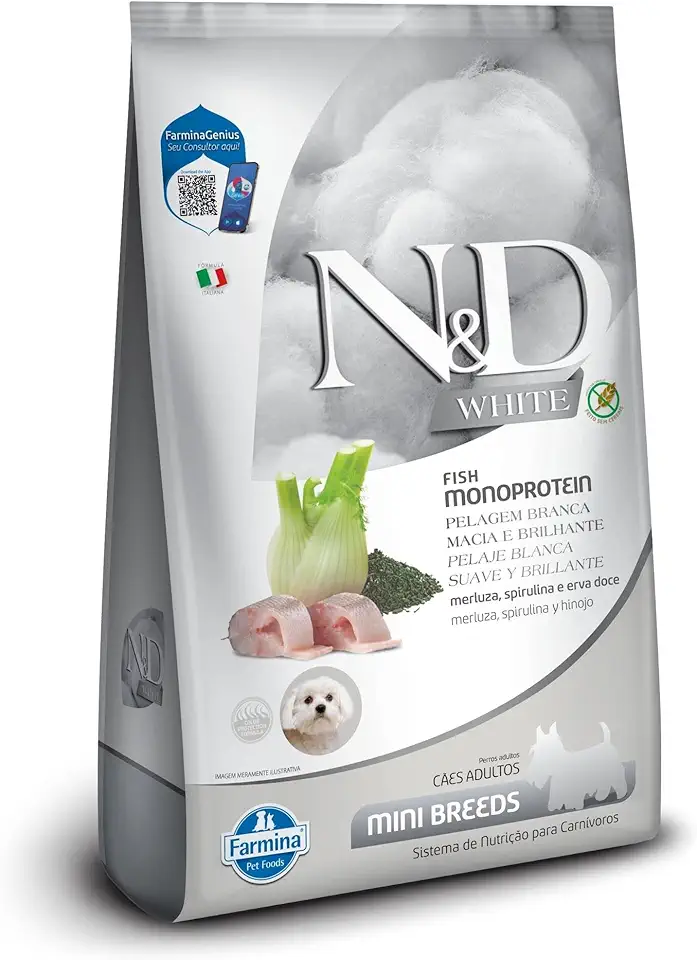 N&D White para Cães Adultos de Raças Mini e Pequenas Sabor Merluza, Spirulina e Erva Doce 2Kg