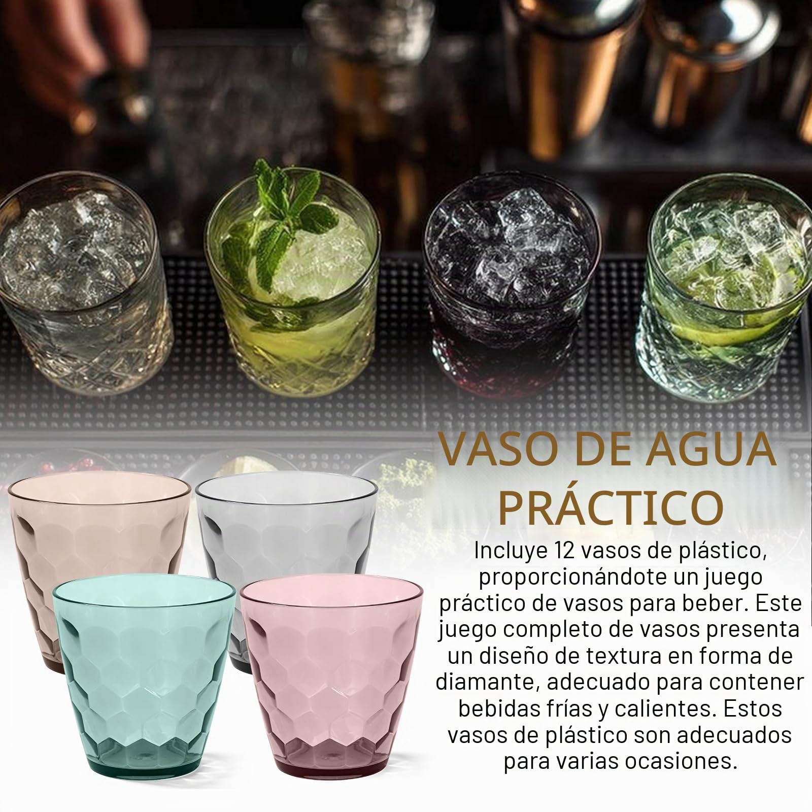 PORFOYO Juego de 12 vasos de agua coloridos, vasos de 325 ml, vasos de plástico, irrompibles, coloridos vasos de polipropileno para el hogar, camping y fiestas