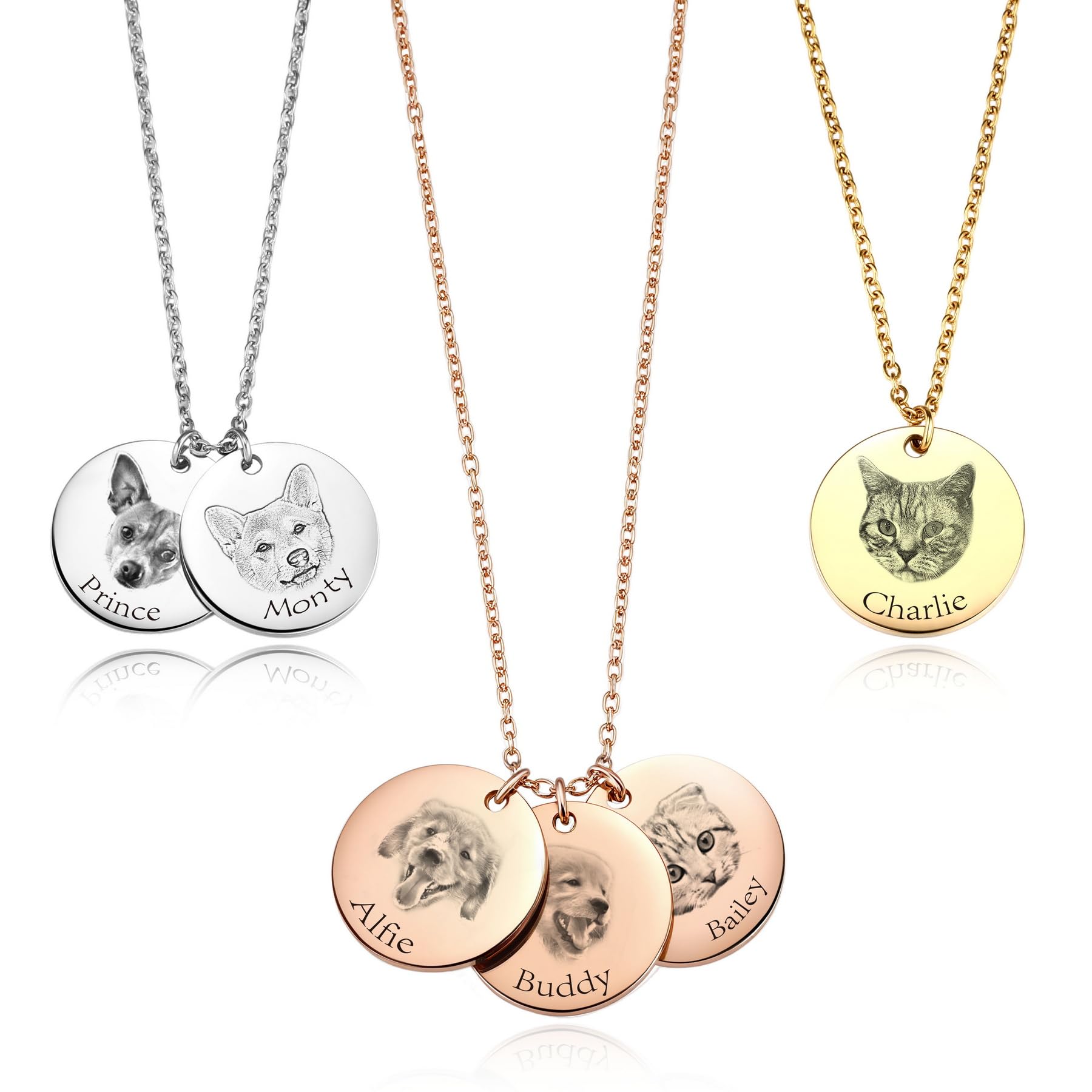 MeMeDIY Personalized Pet Mom Gifts Custom Pet Portrait Necklace with Engraved Pet Sketch/Color Photo Personalized Dog Cat Necklace for Animal Lover - A1