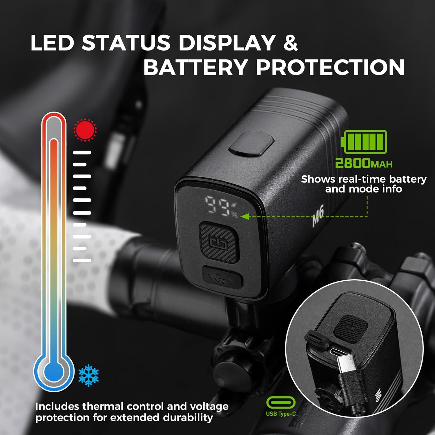 ROCKBROS 1000Lumens Bike Light 2800mAH USB C Rechargeable Bike Headlight IPX6 Waterproof Bicycle Front Lightweight Smart Light for Safe Night Riding