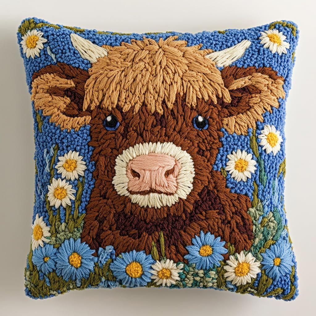 DIY Punch Needle Pillow Kit Cute Highland Cow Daisy Flowers with Pattern and Hoop Handmade Embroidery Punch Needle Starter Pillowcase Set for Home Sofa Decor 43x43cm-1-44