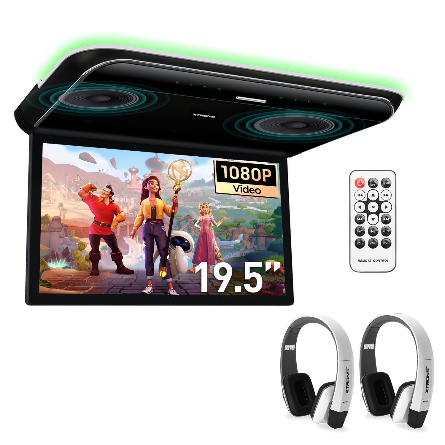 XTRONS 19,5 Zoll HD-Digital TFT 16: 9-Bildschirm-Auto-Overhead-Video Ultradünner Autodach-Player mit integrierten HDMI/AV/USB-Lautsprechern und Buntem Aura-Licht