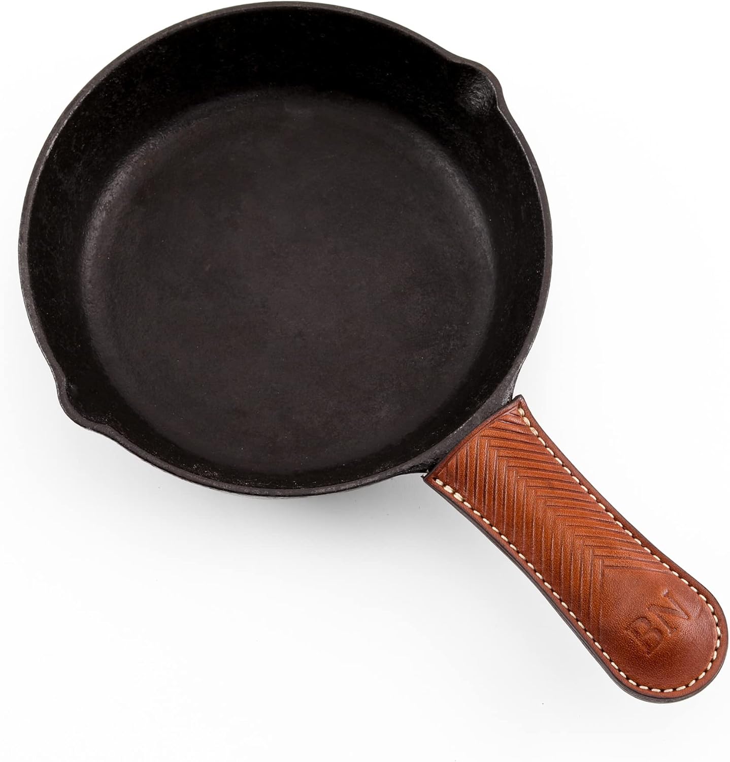 Leather Skillet Handle Cover-Cast Iron pan, Personalized Skillet Socks, Leather Handle Cover, Gift for Dad, Christmas Gift, Handle Potholder (Buck Brown + Initials)