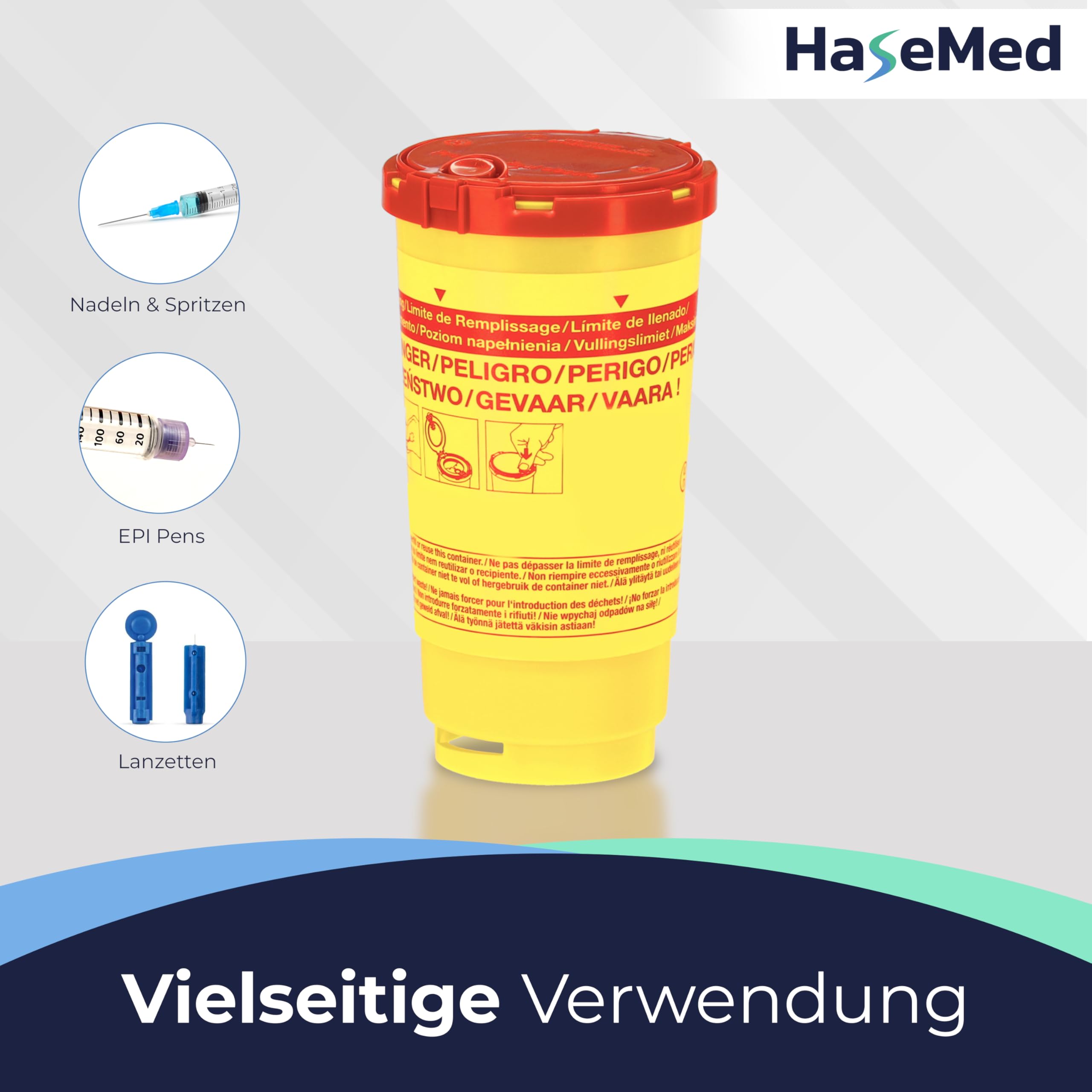 HaseMed Biohazard pojemnik na odpady z igłami, strzykawkami i ostrymi przedmiotami, bezpieczny, higieniczny, z czerwoną pokrywką, do klinik i placówek opieki (500 ml)