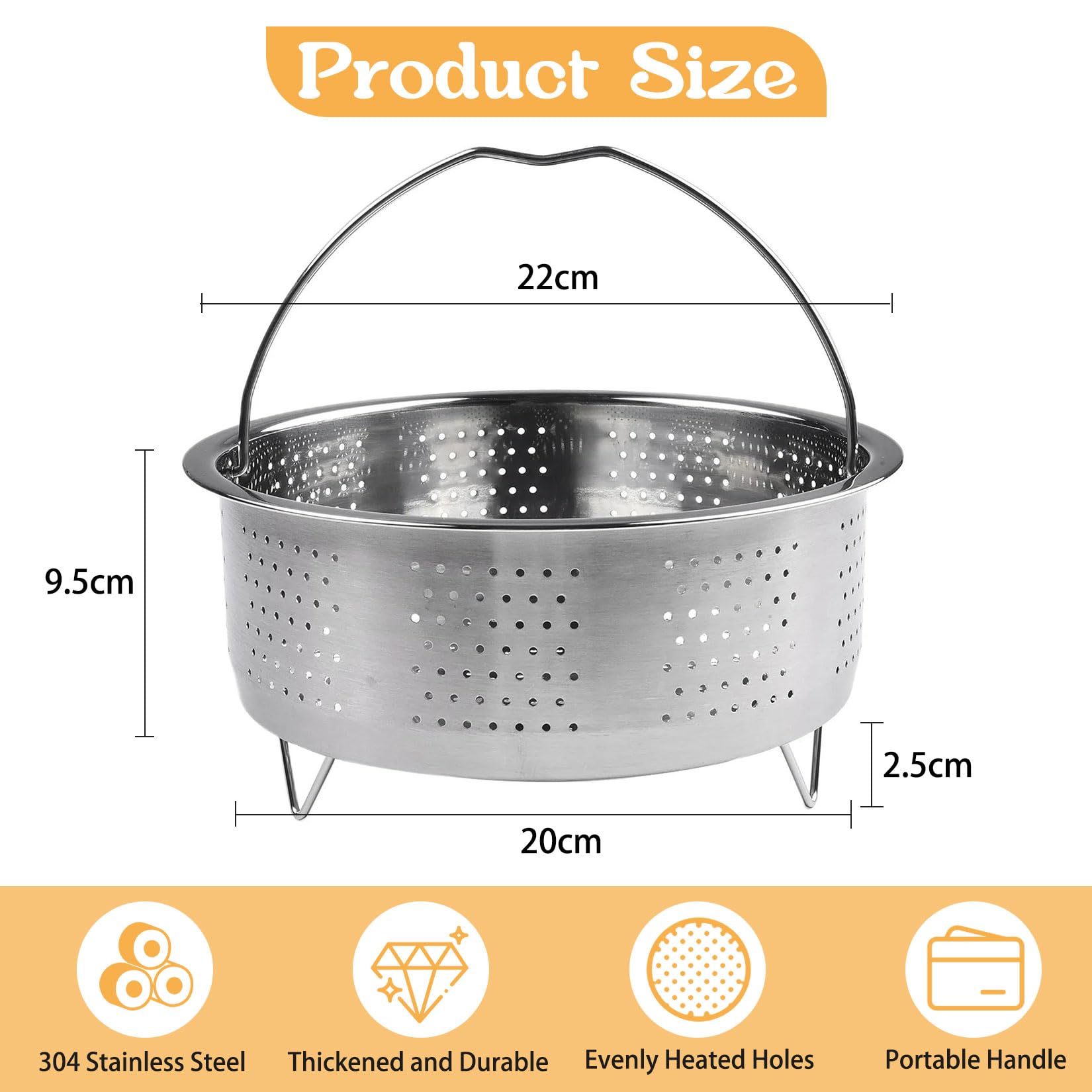 Vaporera redonda de acero inoxidable 304 para ollas, 22 cm