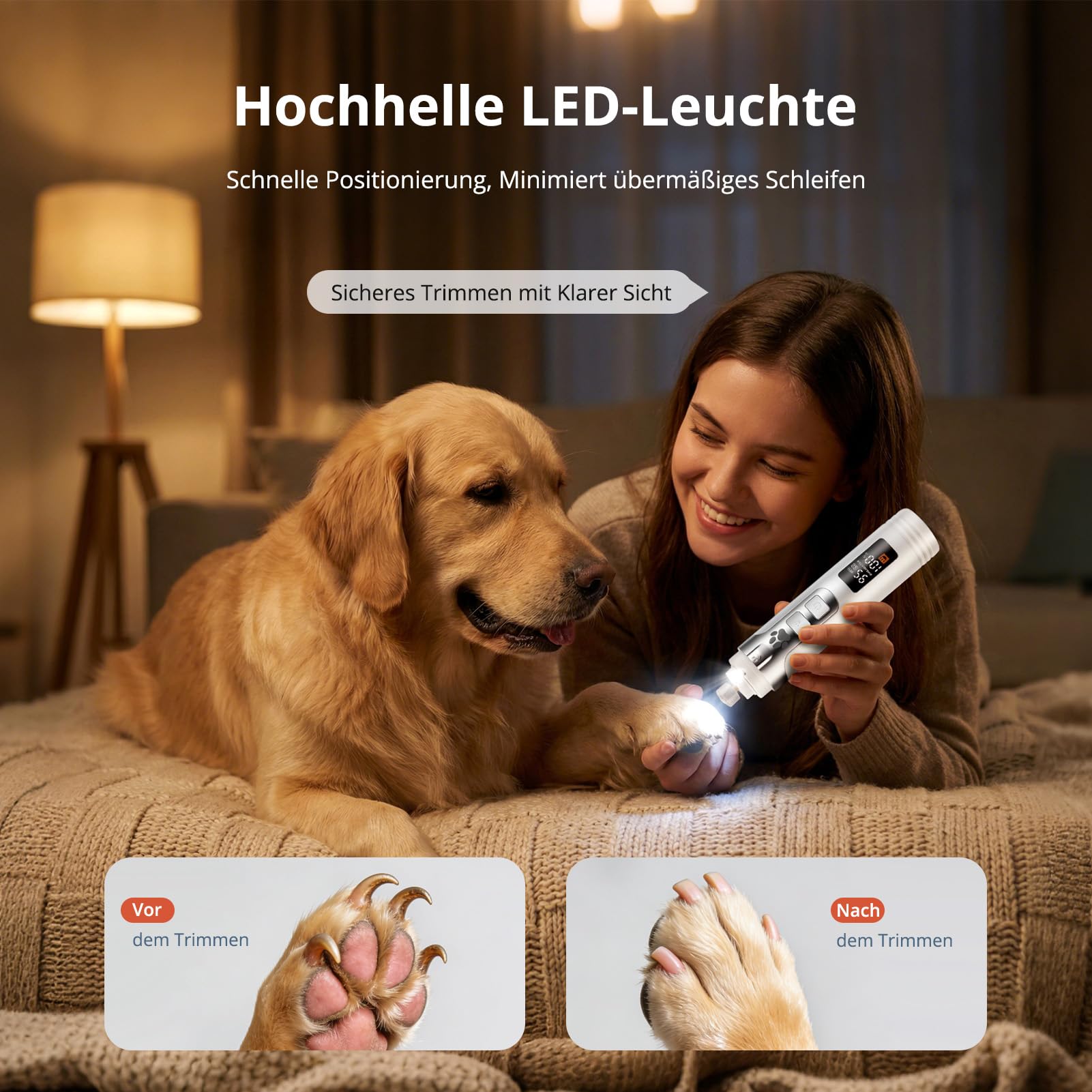 Krallenschleifer für Hunde, 5-Gang Krallenschleifer für Haustiere Mit LED-Leuchten,Elektrische Krallenschere mit Leistungsanzeige,Superleise,Wiederaufladbare für Haustiere wie Hunde,Katzen und Hamster