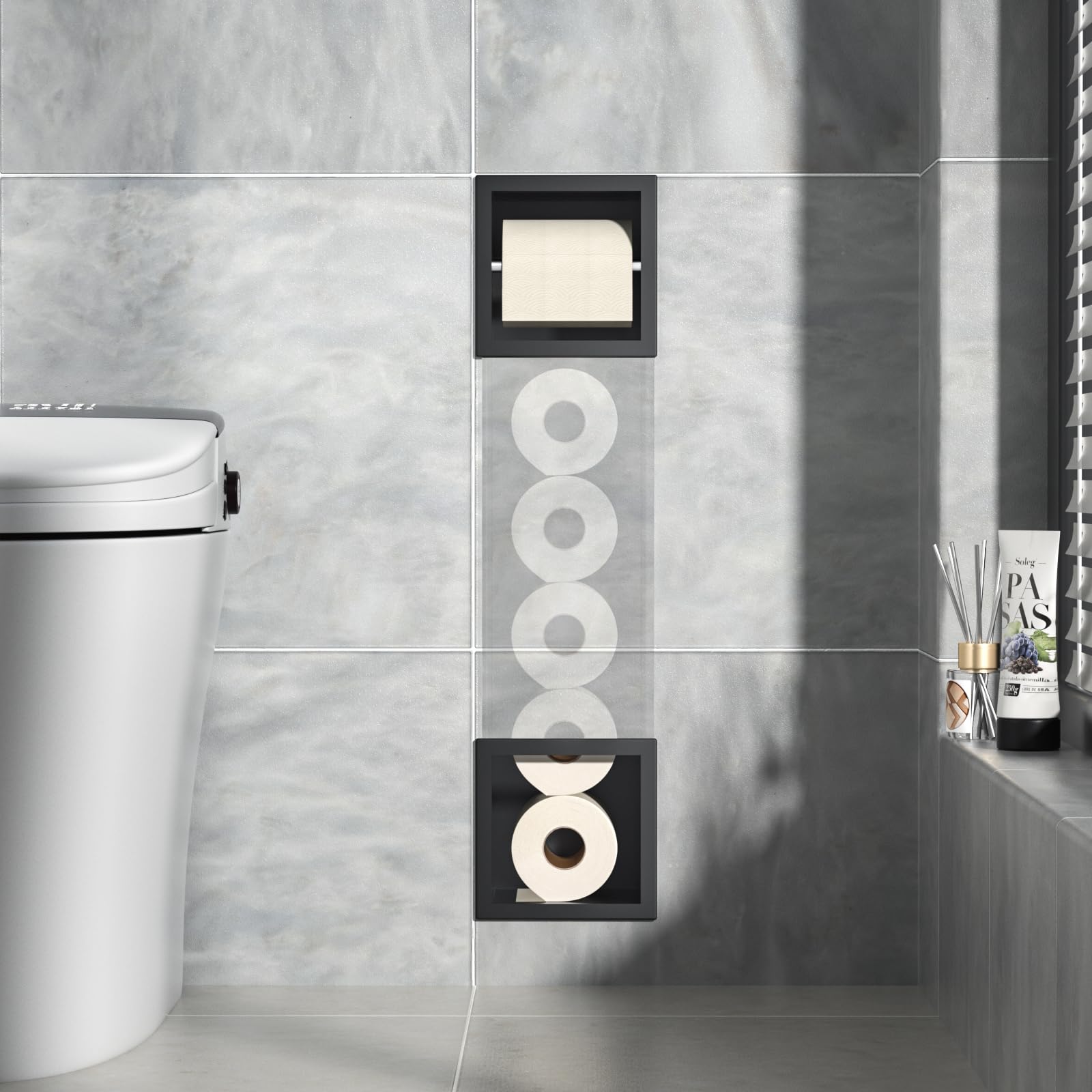 Soporte para papel higiénico empotrado, 74 × 20,8 × 14 cm, acero inoxidable, soporte para papel higiénico, módulo de armario empotrado para inodoro, negro