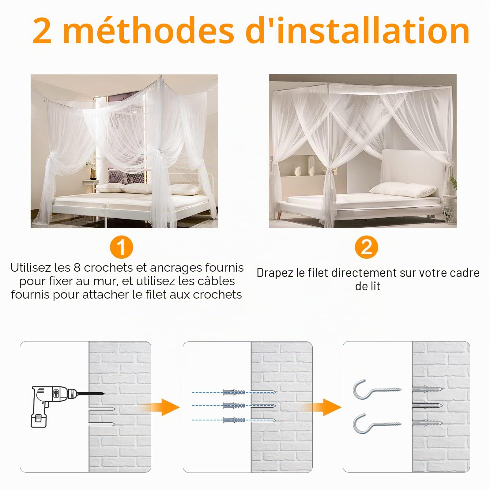 Opamoo Moustiquaire de Lit à Quatre Portes - Grand Baldaquin pour Soler Efficacement Les Moustiques - Pour Lit Double et Simple (190 x 240 x 210 cm)
