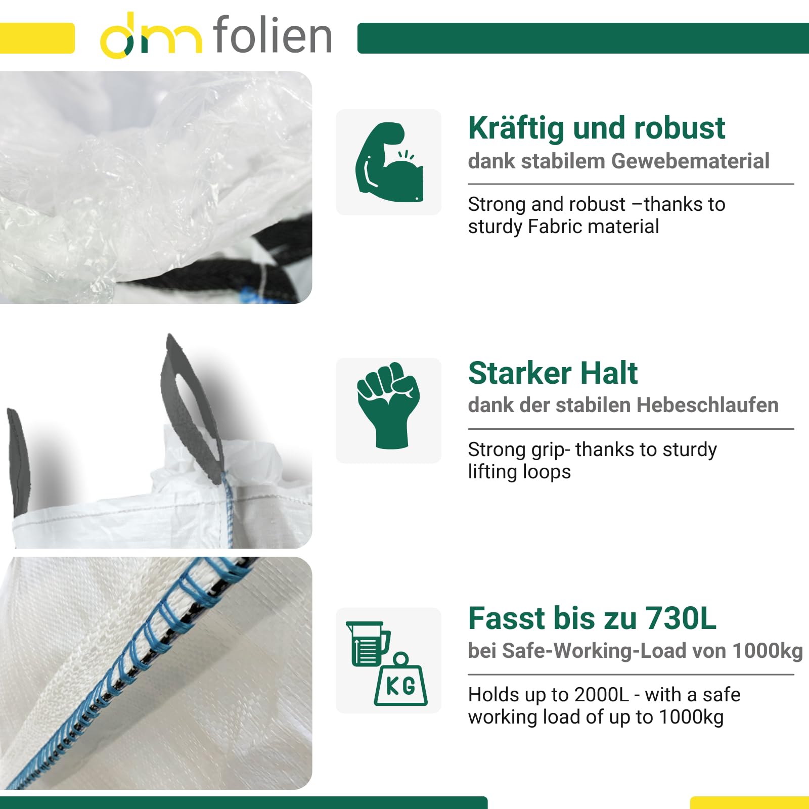 dm-folien Stein Big Bag 60x75x80cm I 5 Stück I SWL 1.000 kg I BigPack Sack mit 4 Hebeschlaufen I Big Packs für Steine & Schwerlast I Big Bag Säcke mit geschlossenem Boden I stabil & unbeschichtet