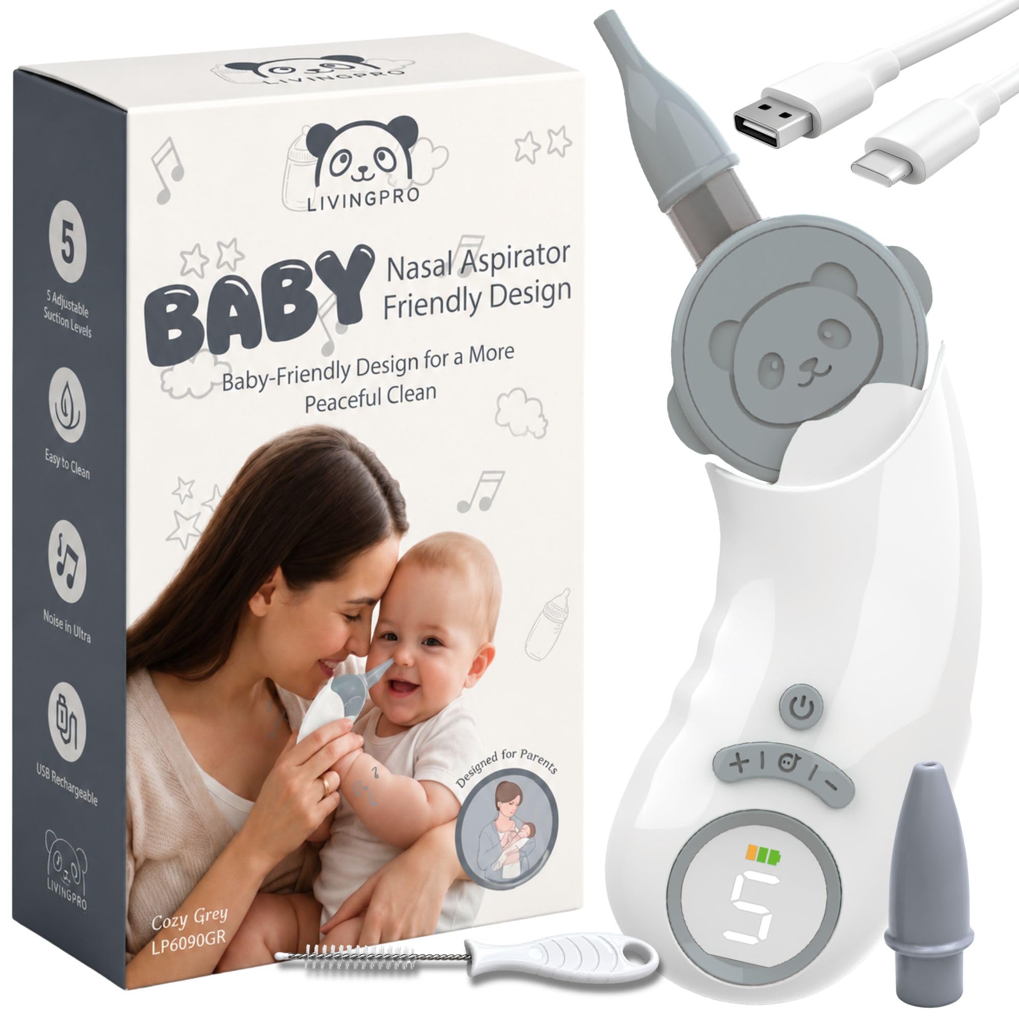 Aspiratore nasale elettrico per bambino, con ventosa per il naso con design adatto ai bambini, 5 livelli di aspirazione fino a 70 kPa, LED lenitivo e musica, coperchio rimovibile, impermeabile IPX7