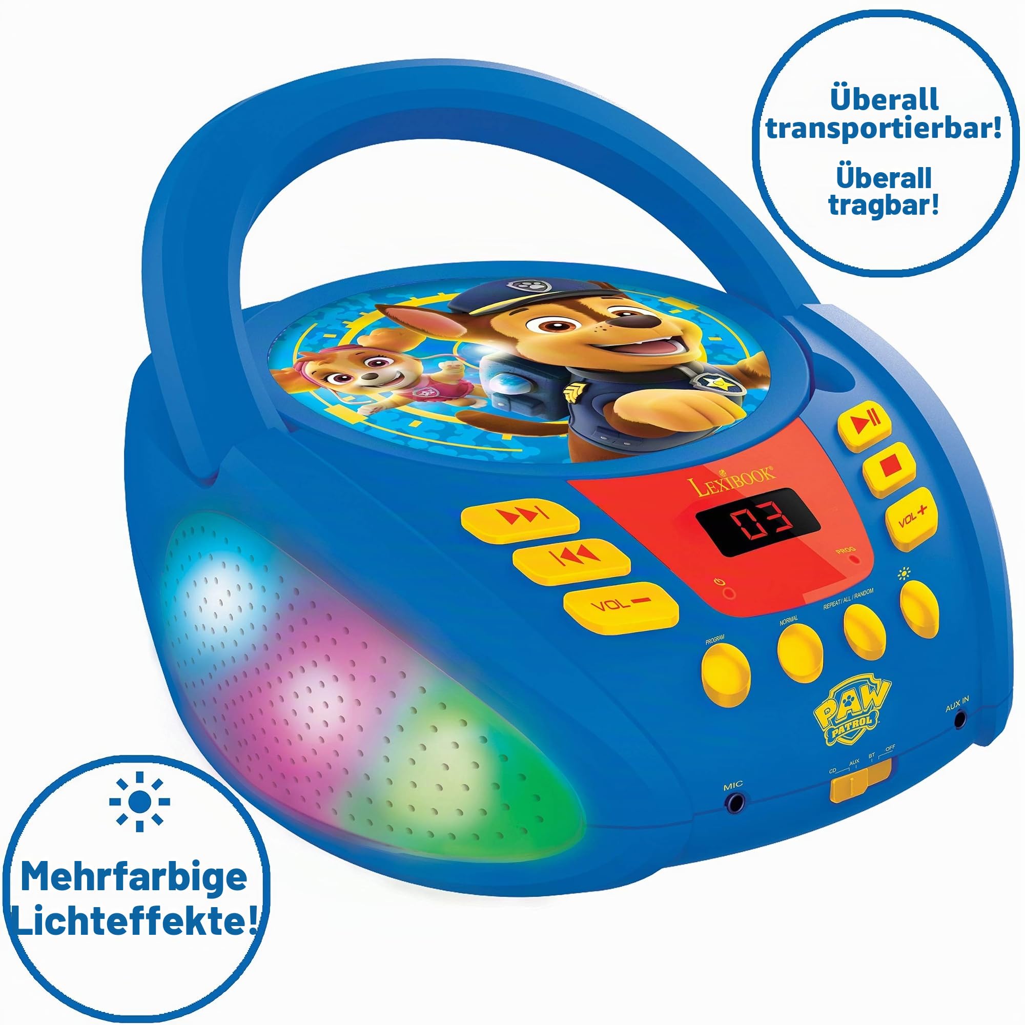 Lexibook, Paw Patrol, Bluetooth-CD-Player für Kinder, tragbar, mehrfarbige Lichteffekte, Mikrofonbuchse, Aux-in-Buchse, AC- oder batteriebetrieben, Mädchen, Jungen, Blau/Rot, RCD109PA